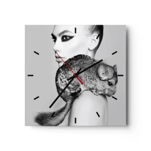 Reloj de pared - Reloj de vidrio - Dama con chinchilla - 40x40 cm