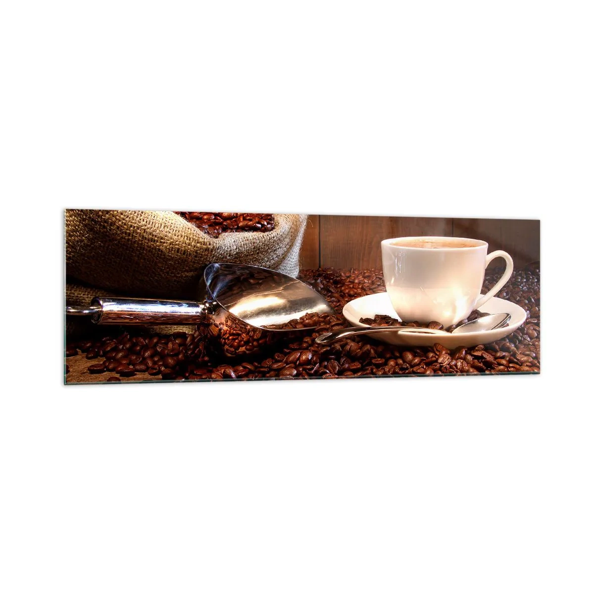 Cuadro sobre vidrio - Impresiones sobre Vidrio - Una taza de café con granos de café y una bolsa de granos al fondo. - 160x50cm - ¿Hueles eso? - Decoración de pared moderna para salón y dormitorio ARTTOR