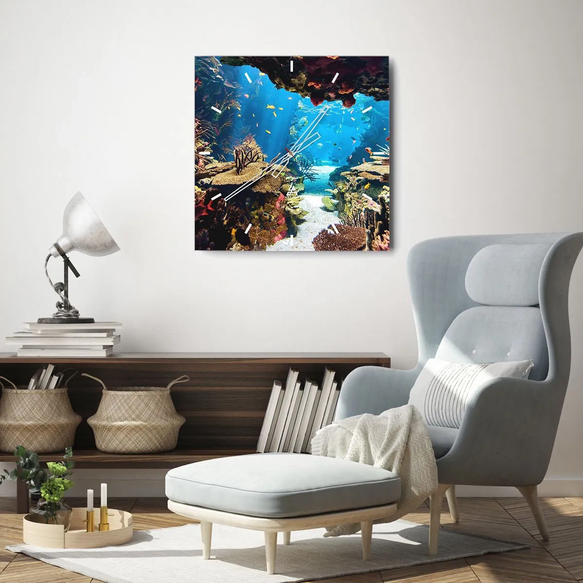 Reloj de pared - Reloj de vidrio - Mundo submarino con arrecifes de coral y peces. - 30x30cm - Ni siquiera has soñado - Decoración de pared moderna para salón y dormitorio ARTTOR