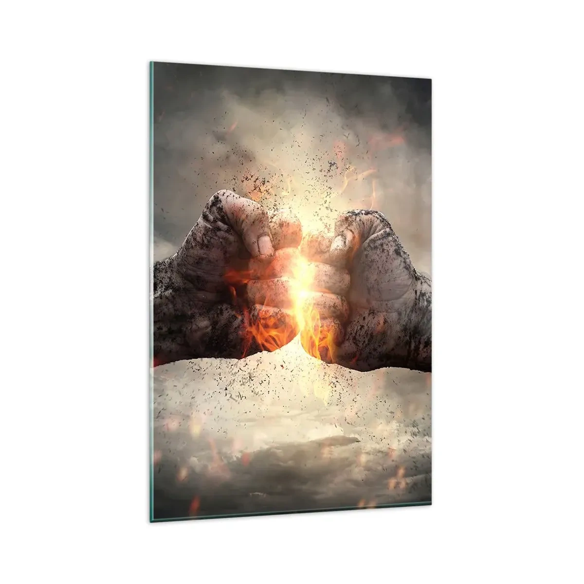 Cuadro sobre vidrio - Impresiones sobre Vidrio - Puños cerrados en una escena de incendio dinámica - 80x120cm - La lucha comienza - Decoración de pared moderna para salón y dormitorio ARTTOR