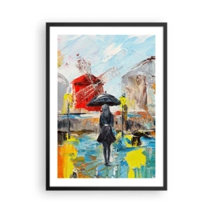 Póster en marco negro - Una mujer con un paraguas con el telón de fondo de una ciudad bajo la lluvia. - 50x70cm - Leyendas parisinas - Decoración de pared moderna para salón y dormitorio ARTTOR