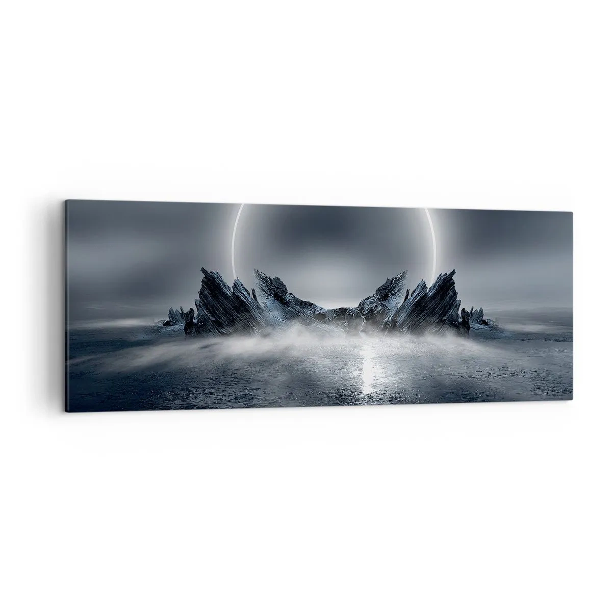 Cuadro sobre lienzo - Impresión de Imagen - Paisaje misterioso con un anillo de luz sobre las montañas. - 140x50cm - El final del cuento - Decoración de pared moderna para salón y dormitorio ARTTOR