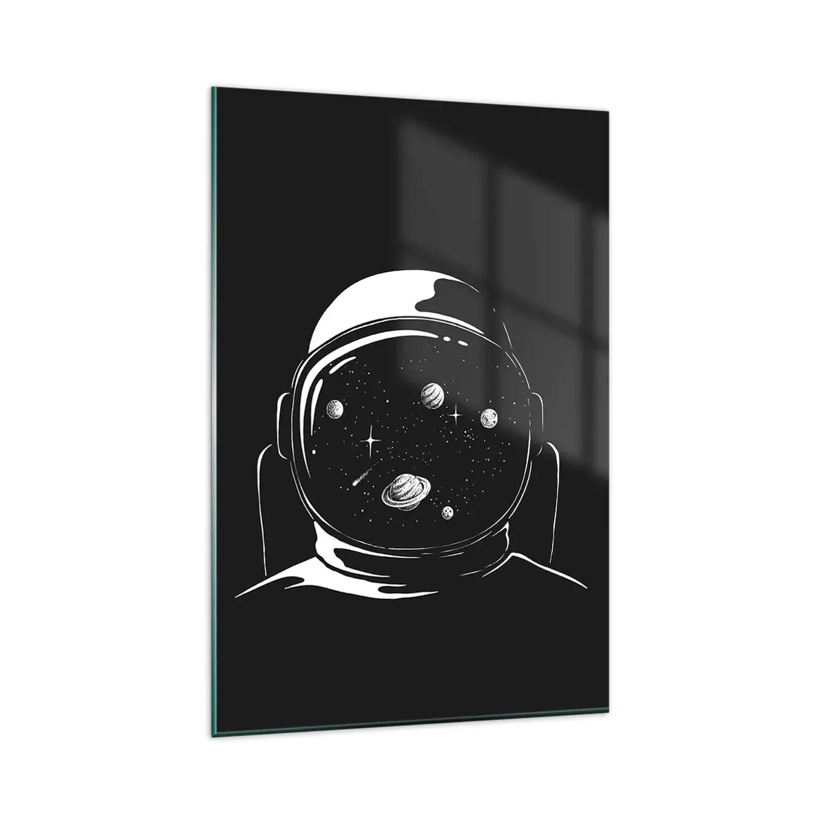 Cuadro sobre vidrio - Impresiones sobre Vidrio - Un casco de astronauta minimalista con vistas al espacio. - 80x120cm - Bonita vista - Decoración de pared moderna para salón y dormitorio ARTTOR