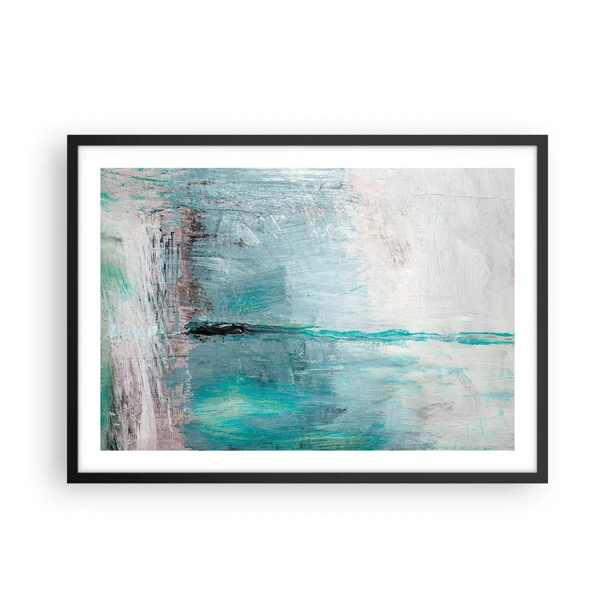Póster en marco negro - Abstracción en tonos turquesa y gris. - 70x50cm - Horizontalmente sobre el azul - Decoración de pared moderna para salón y dormitorio ARTTOR
