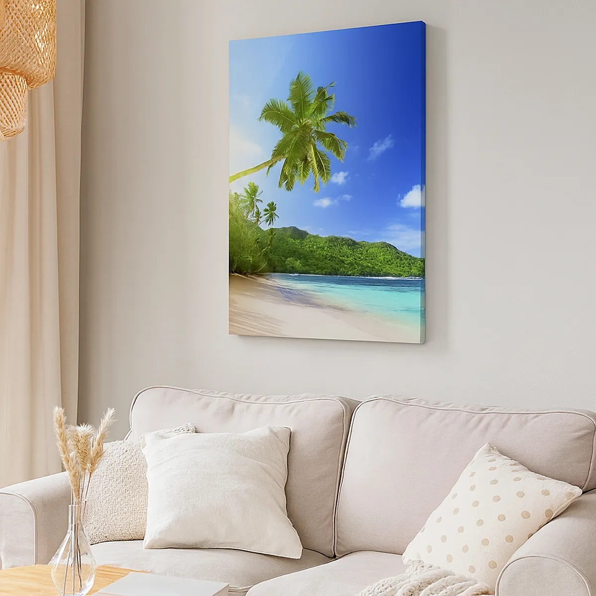Cuadro sobre lienzo - Impresión de Imagen - Playa tropical con palmeras y mar turquesa. - 50x70cm - Un suave toque tropical - Decoración de pared moderna para salón y dormitorio ARTTOR