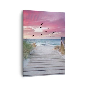 Cuadro sobre lienzo - Impresión de Imagen - Camino de madera en la playa al atardecer rosa - 50x70cm - Impresión del Báltico - Decoración de pared moderna para salón y dormitorio ARTTOR