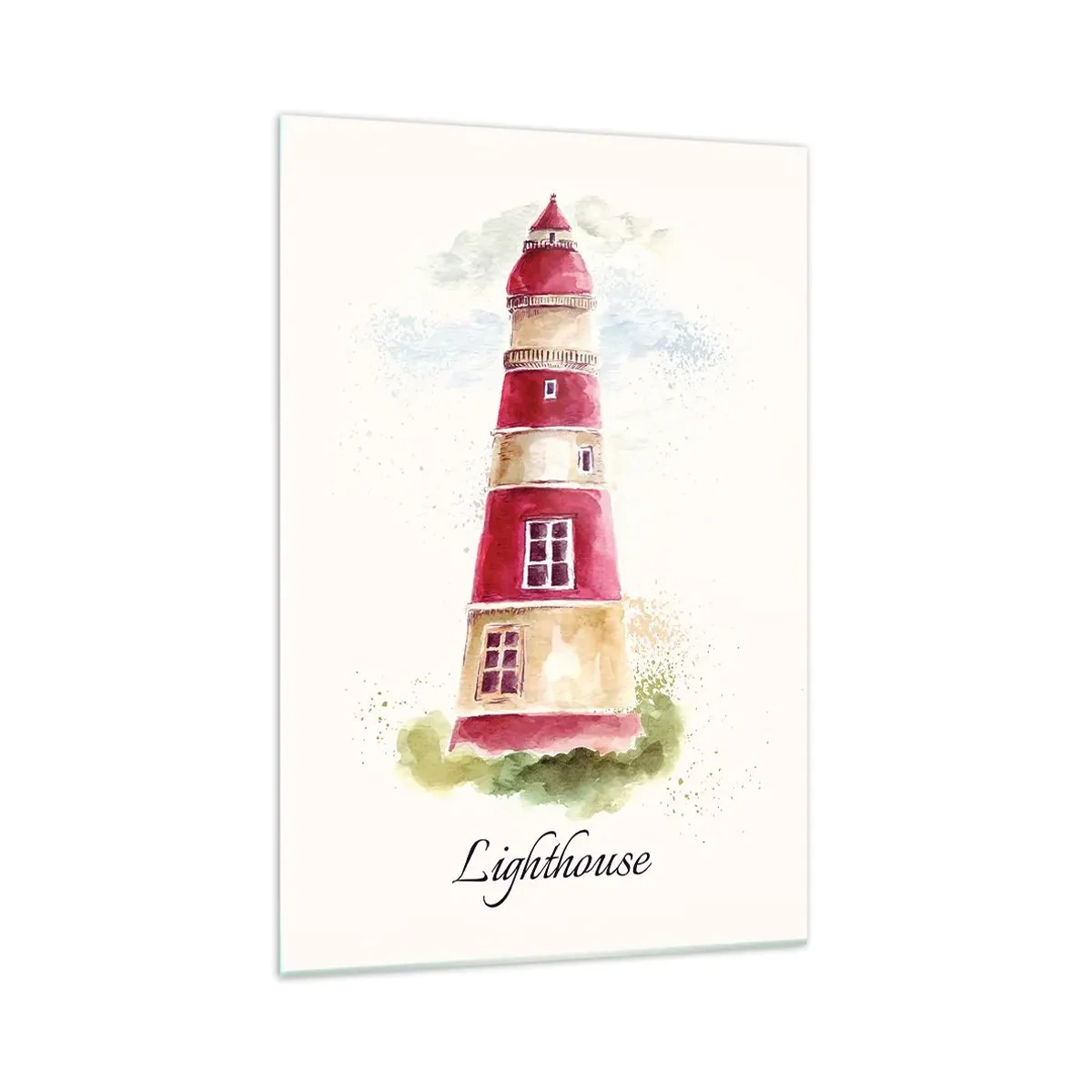 Cuadro sobre vidrio - Impresiones sobre Vidrio - Una pintura de acuarela de un faro sobre un fondo claro con una inscripción. - 70x100cm - Siempre observando - Decoración de pared moderna para salón y dormitorio ARTTOR