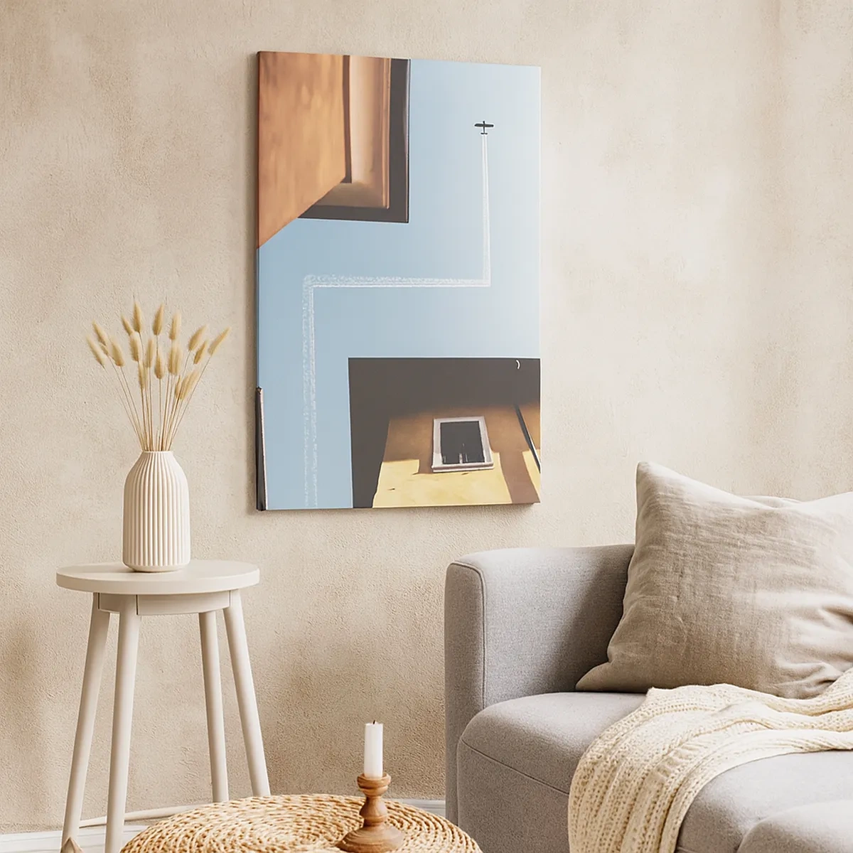 Cuadro sobre lienzo - Impresión de Imagen - Vista del avión y su estela en el cielo desde una perspectiva callejera. - 50x70cm - Por encima del laberinto urbano - Decoración de pared moderna para salón y dormitorio ARTTOR