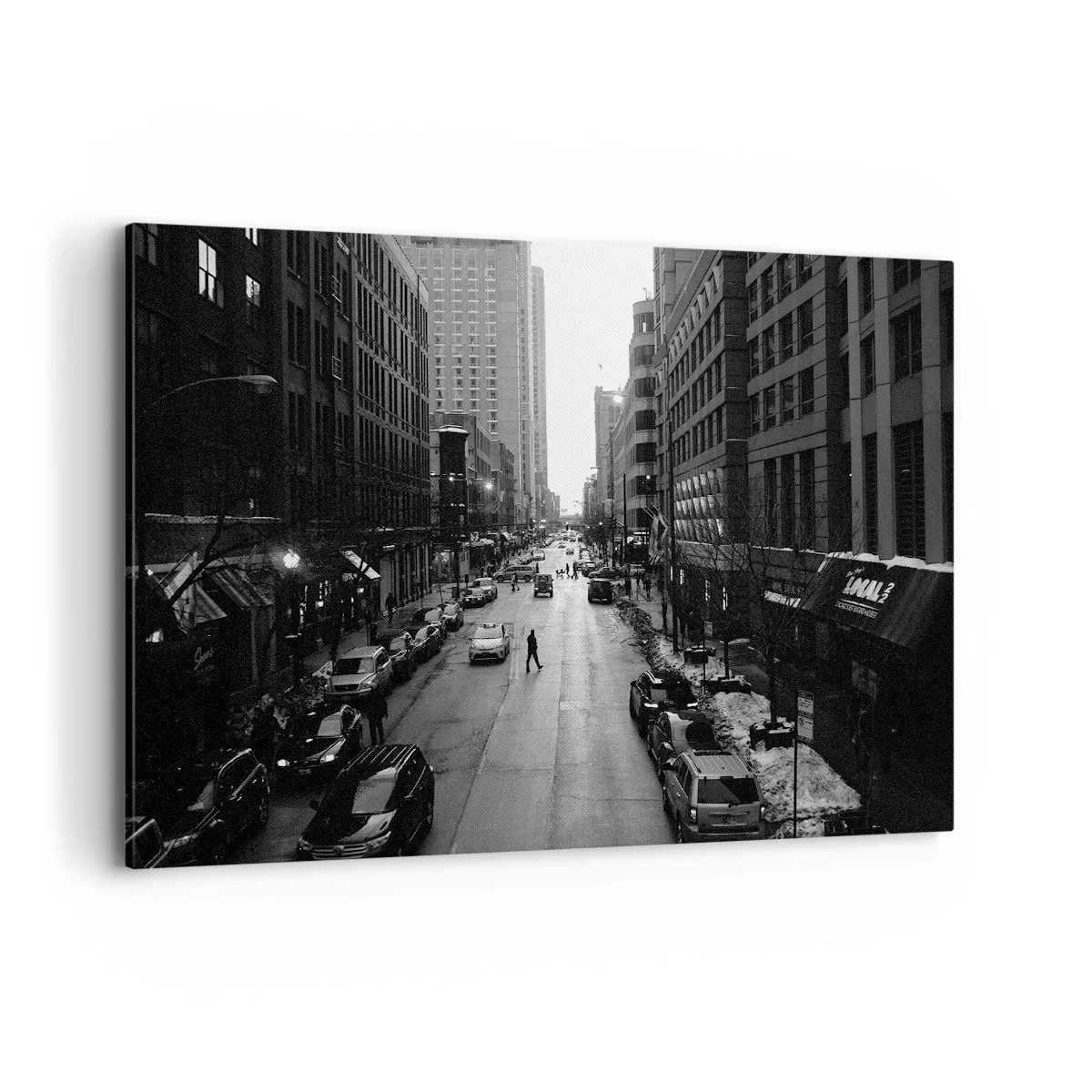 Cuadro sobre lienzo - Impresión de Imagen - Una calle en blanco y negro en el centro de la ciudad con coches y peatones. - 120x80cm - Un día como otro cualquiera - Decoración de pared moderna para salón y dormitorio ARTTOR