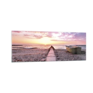 Cuadro sobre vidrio - Impresiones sobre Vidrio - Playa al amanecer con barco y muelle - 140x50cm - Un momento de profunda experiencia - Decoración de pared moderna para salón y dormitorio ARTTOR