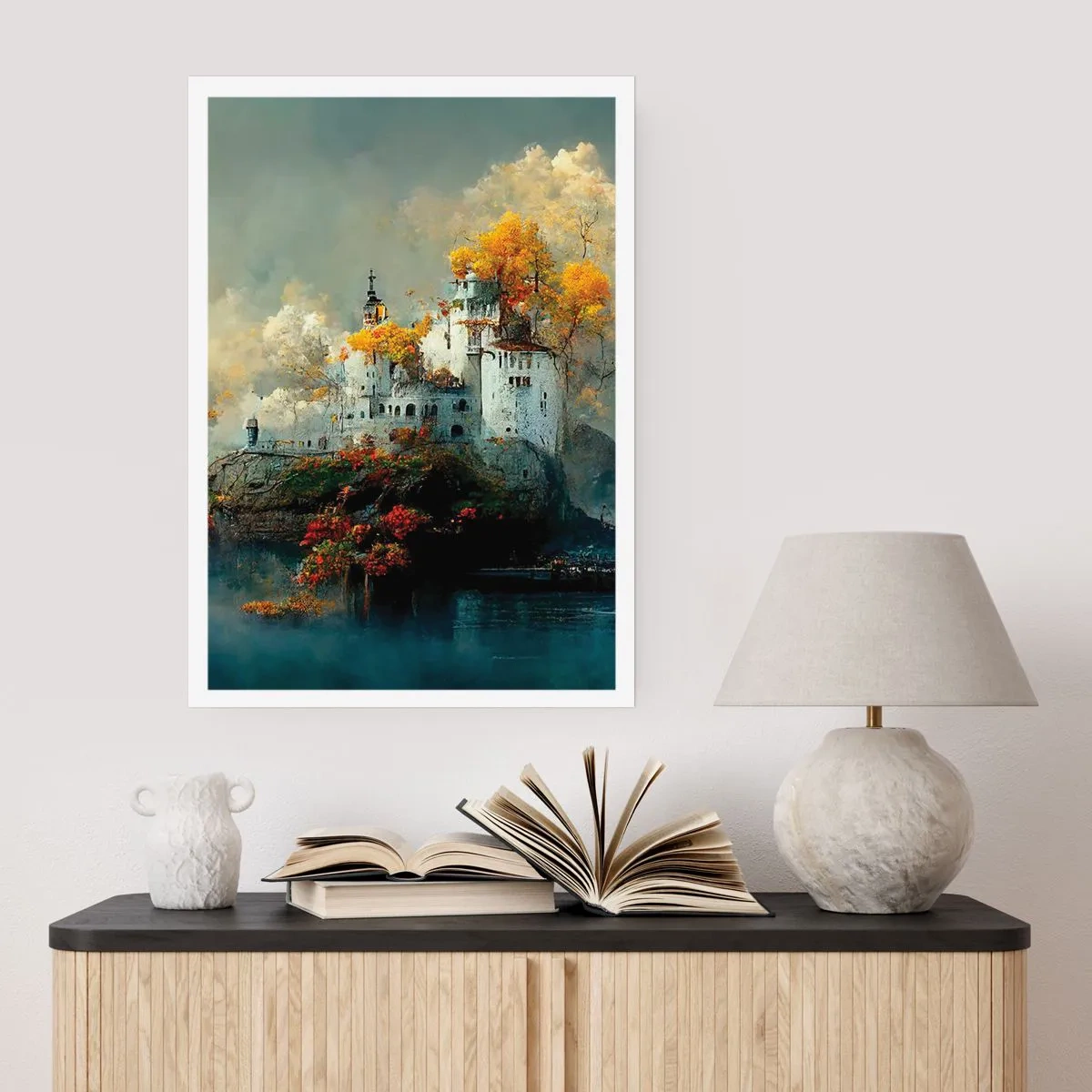 Póster - Un castillo sobre una roca rodeado de un paisaje otoñal. - 50x70cm - El comienzo de una historia romántica - Decoración de pared moderna para salón y dormitorio ARTTOR