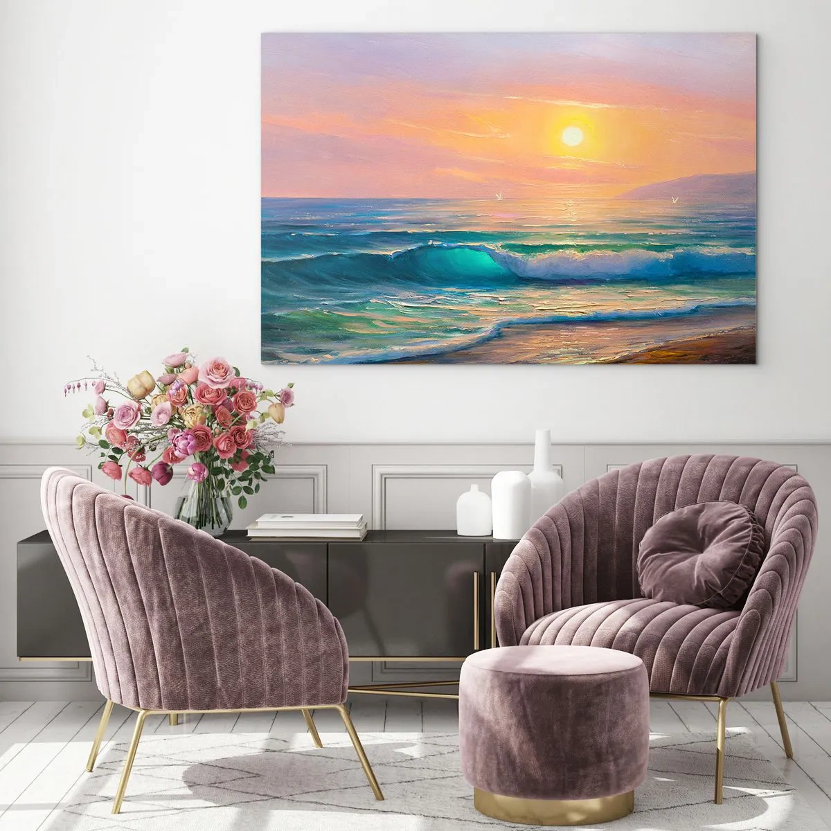 Cuadro sobre vidrio - Impresiones sobre Vidrio - Paisaje marino con olas y puesta de sol en tonos turquesas - 120x80cm - El canto turquesa de las olas - Decoración de pared moderna para salón y dormitorio ARTTOR