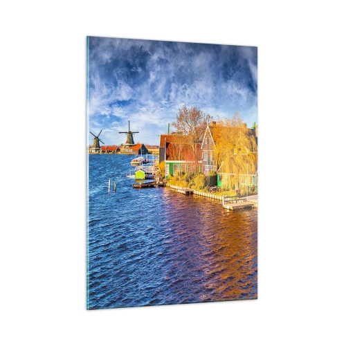 Cuadro sobre vidrio - Impresiones sobre Vidrio - Pintorescas casas holandesas frente al mar con molinos de viento - 50x70cm - Durante siglos, sin cambios - Decoración de pared moderna para salón y dormitorio ARTTOR