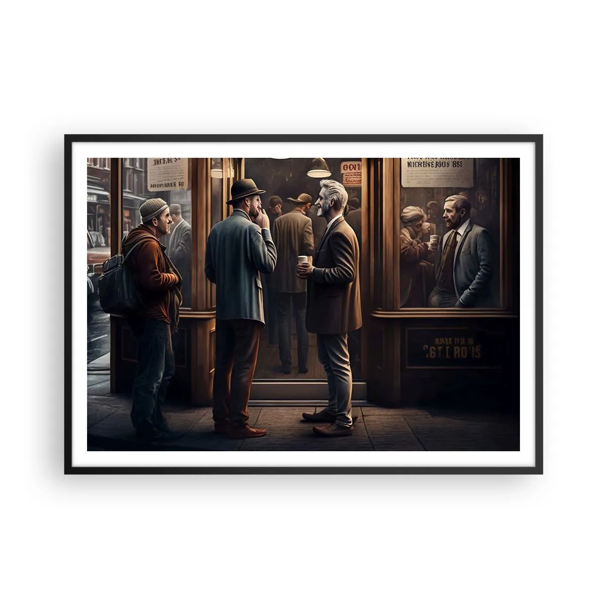 Póster en marco negro - Escena callejera con gente frente a un café retro. - 100x70cm - Un buen momento del día - Decoración de pared moderna para salón y dormitorio ARTTOR