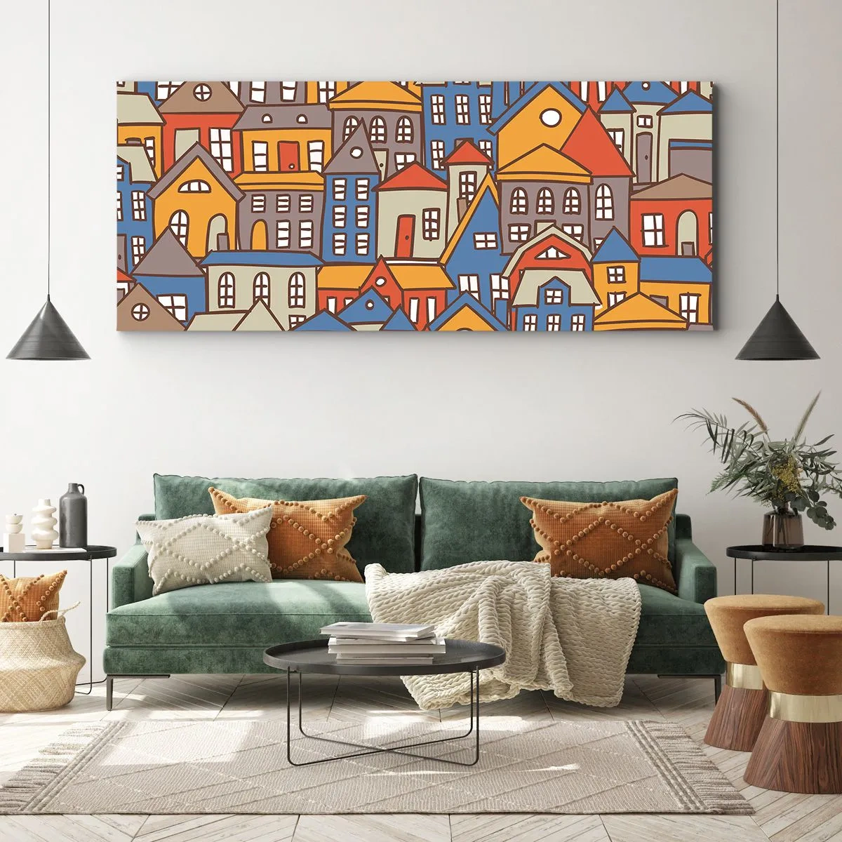 Cuadro sobre lienzo - Impresión de Imagen - Casas coloridas en estilo gráfico sobre un fondo claro. - 120x50cm - Casa tras casa - Decoración de pared moderna para salón y dormitorio ARTTOR