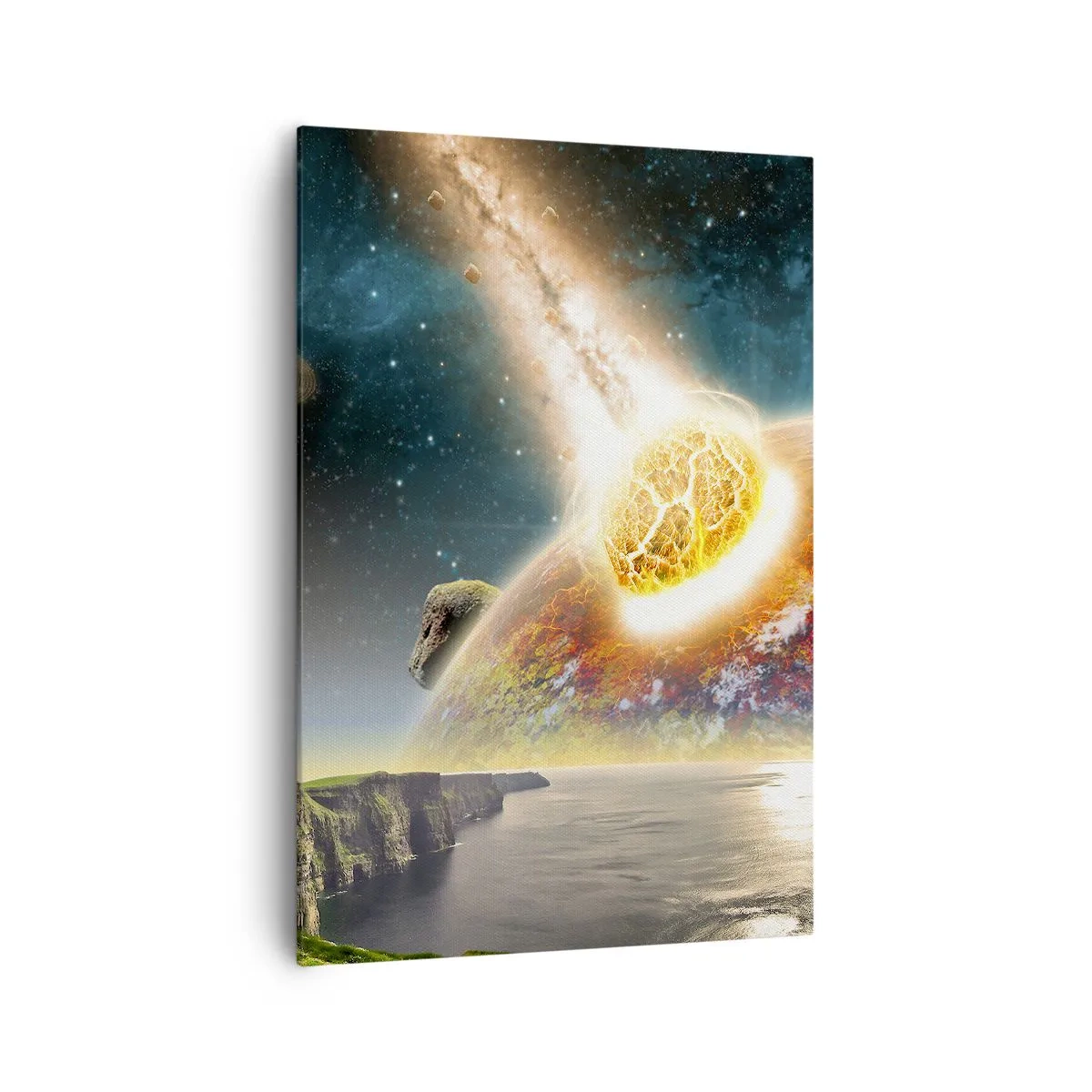 Cuadro sobre lienzo - Impresión de Imagen - Un meteorito choca con un planeta en un paisaje cósmico. - 70x100cm - Drama cósmico - Decoración de pared moderna para salón y dormitorio ARTTOR