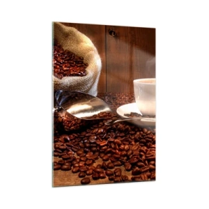 Cuadro sobre vidrio - Impresiones sobre Vidrio - Una taza de café sobre un fondo de frijoles y una bolsa de yute. - 50x70cm - ¿Hueles eso? - Decoración de pared moderna para salón y dormitorio ARTTOR