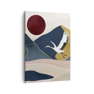 Cuadro sobre lienzo - Impresión de Imagen - Grúas en vuelo con el telón de fondo de montañas y un sol rojo. - 50x70cm - Y el día ha vuelto a pasar volando - Decoración de pared moderna para salón y dormitorio ARTTOR