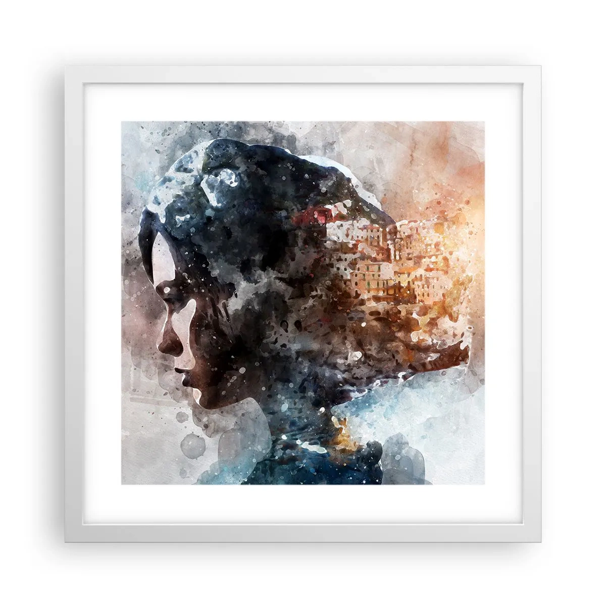 Póster en marco blanco - Una historia sobre una niña con una ciudad de fondo - 40x40 cm