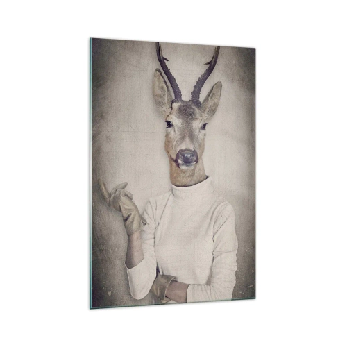 Cuadro sobre vidrio - Impresiones sobre Vidrio - Un tríptico con figuras de animales con ropa humana sobre un fondo artístico. - 70x100cm - Que los gestos hablen - Decoración de pared moderna para salón y dormitorio ARTTOR