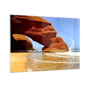 Cuadro sobre vidrio - Impresiones sobre Vidrio - Arcos de roca roja sobre la playa y el océano. - 100x70cm - El agua y el viento a través de miles de años - Decoración de pared moderna para salón y dormitorio ARTTOR
