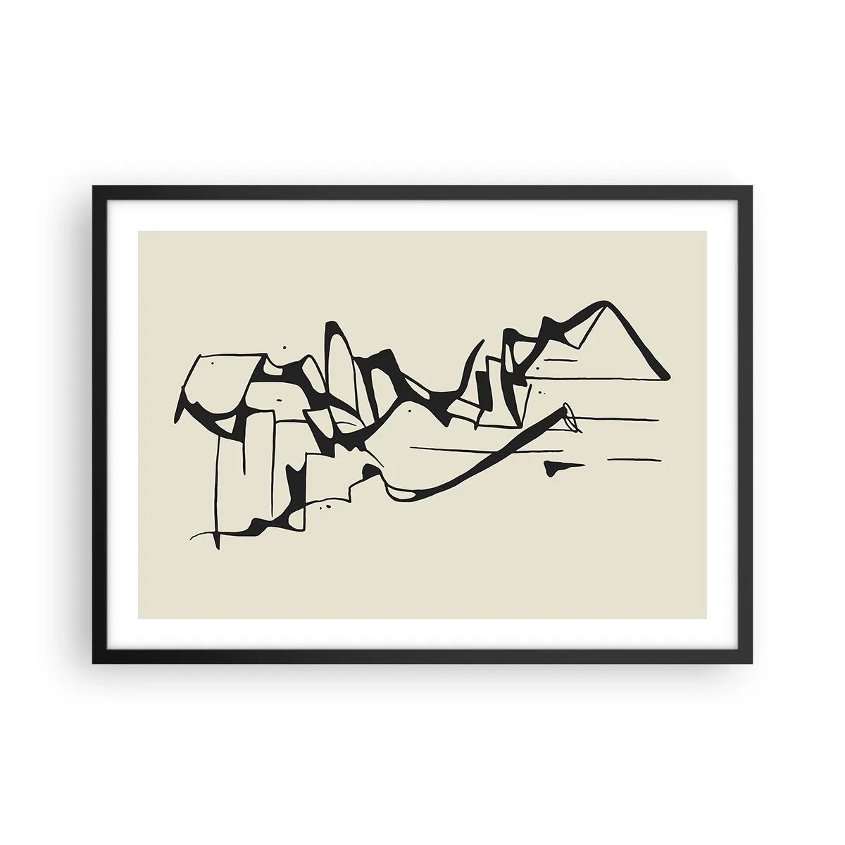 Póster en marco negro - Dibujo abstracto de montañas en blanco y negro - 70x50cm - Tal vez sea un paisaje - Decoración de pared moderna para salón y dormitorio ARTTOR