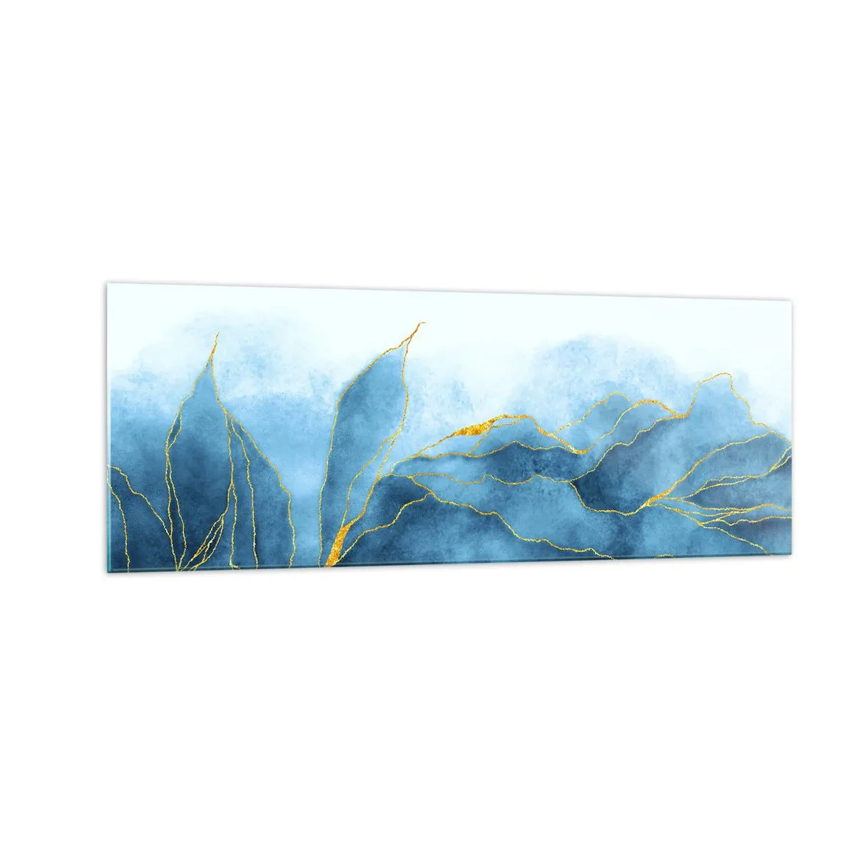 Cuadro sobre vidrio - Impresiones sobre Vidrio - Ondas abstractas en tonos azules con acentos dorados. - 140x50cm - Oro y azul - Decoración de pared moderna para salón y dormitorio ARTTOR
