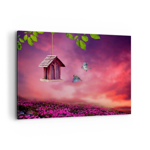 Cuadro sobre lienzo - Impresión de Imagen - Un paisaje pintoresco con una casa para pájaros y una puesta de sol. - 100x70cm - Invitación a una cena - Decoración de pared moderna para salón y dormitorio ARTTOR