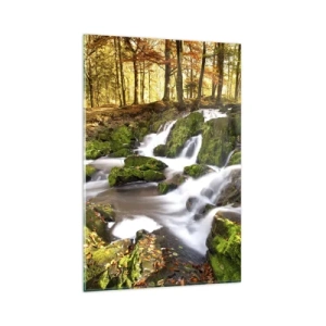 Cuadro sobre vidrio - Impresiones sobre Vidrio - Un paisaje boscoso con una cascada rodeada de musgo. - 80x120cm - Atravesando el bosque otoñal - Decoración de pared moderna para salón y dormitorio ARTTOR