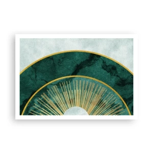 Póster - Patrón abstracto con círculos en colores esmeralda y dorado. - 100x70cm - Un sistema solar diferente - Decoración de pared moderna para salón y dormitorio ARTTOR