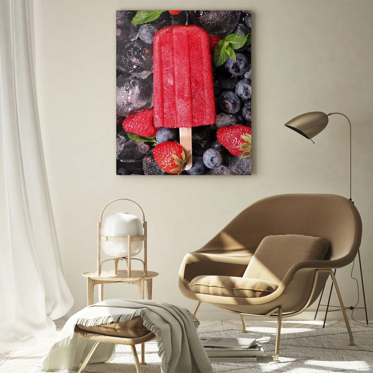 Cuadro sobre vidrio - Impresiones sobre Vidrio - Un palito de hielo entre fruta congelada y hojas de menta. - 50x70cm - El sabor del verano caluroso - Decoración de pared moderna para salón y dormitorio ARTTOR