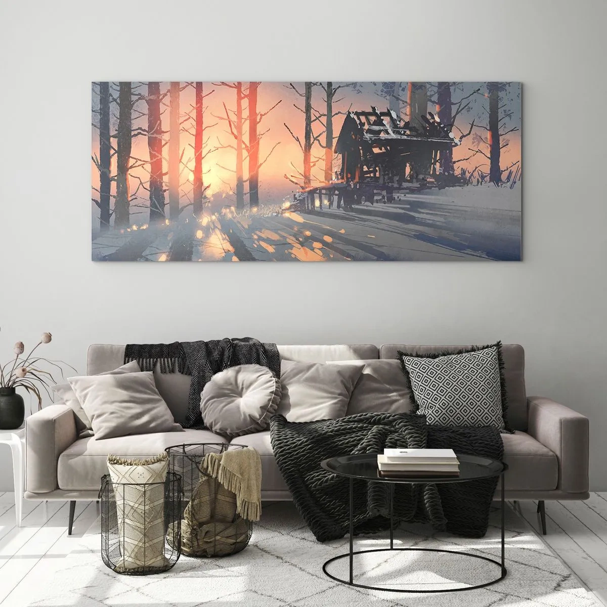 Cuadro sobre vidrio - Impresiones sobre Vidrio - Una cabaña forestal en un paisaje invernal con los rayos del sol poniente. - 140x50cm - Solo el sol es testigo - Decoración de pared moderna para salón y dormitorio ARTTOR