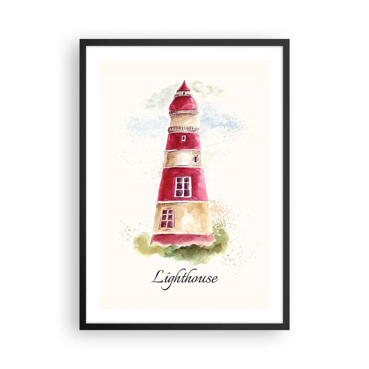 Póster en marco negro - Ilustración de acuarela de un faro sobre un fondo claro - 50x70cm - Siempre observando - Decoración de pared moderna para salón y dormitorio ARTTOR