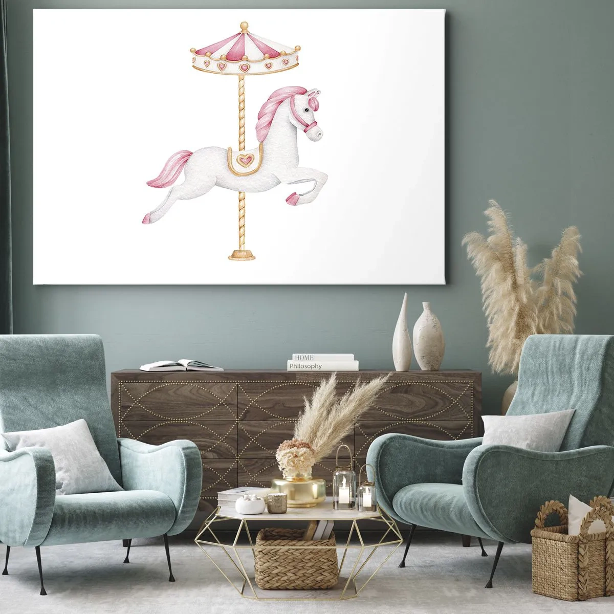 Cuadro sobre lienzo - Impresión de Imagen - Un caballo de carrusel en tonos pastel de rosa. - 70x50cm - Partió al galope - Decoración de pared moderna para salón y dormitorio ARTTOR