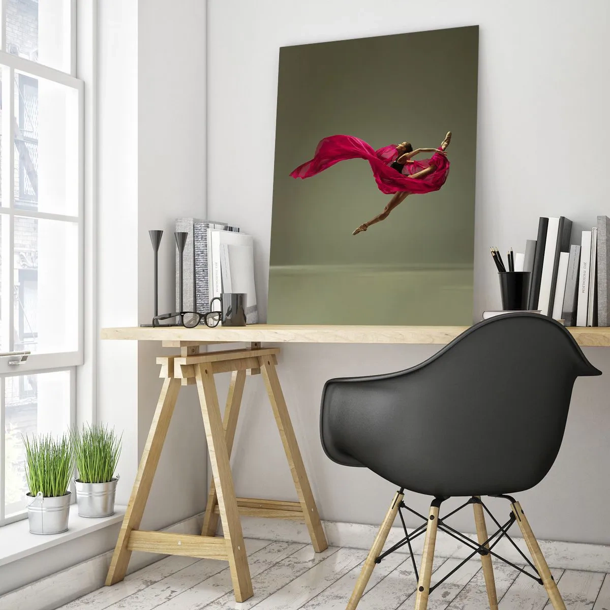 Cuadro sobre vidrio - Impresiones sobre Vidrio - Una bailarina en vuelo con una tela fucsia fluida. - 50x70cm - Llama danzante - Decoración de pared moderna para salón y dormitorio ARTTOR