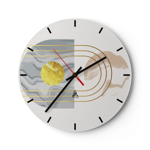 Reloj de pared - Reloj de vidrio - Líneas doradas y un círculo sobre un fondo claro con un patrón geométrico. - 30x30cm - Brillo y resplandor - Decoración de pared moderna para salón, cocina y dormitorio ARTTOR