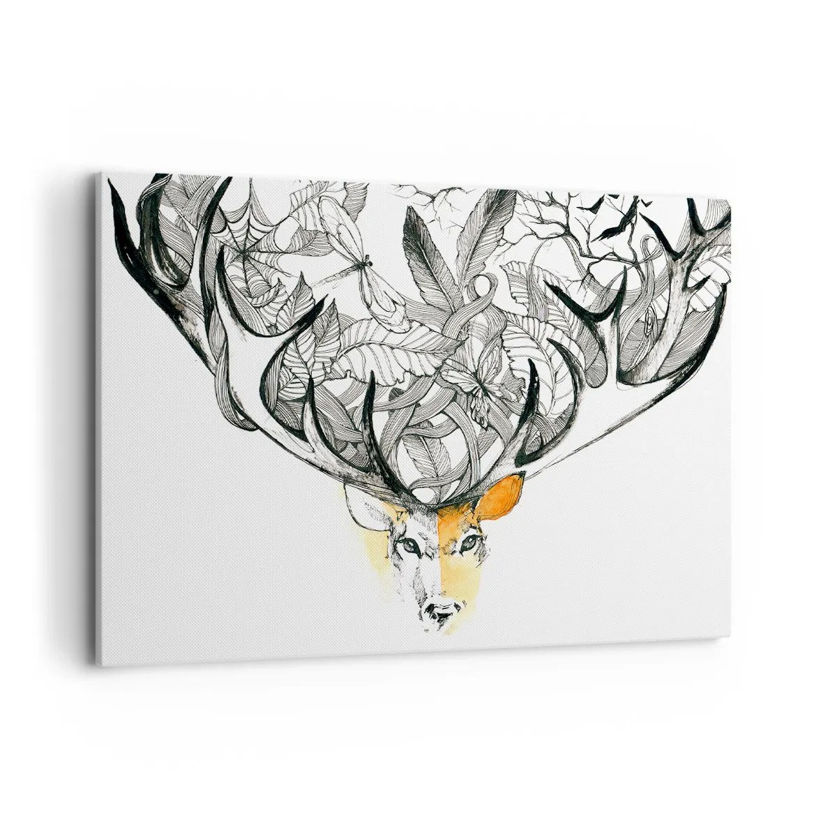 Cuadro sobre lienzo - Impresión de Imagen - Gráfico sutil de ciervo con astas decorativas. - 100x70cm - Cuernos de la abundancia - Decoración de pared moderna para salón y dormitorio ARTTOR
