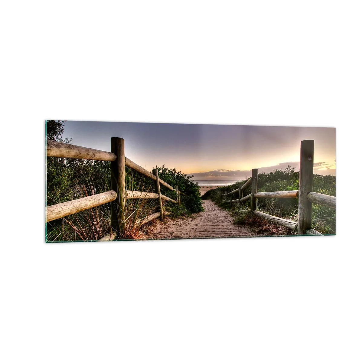 Cuadro sobre vidrio - Impresiones sobre Vidrio - Camino de madera en las dunas que conduce a la playa al atardecer - 140x50cm - Objetivo a la vista - Decoración de pared moderna para salón y dormitorio ARTTOR