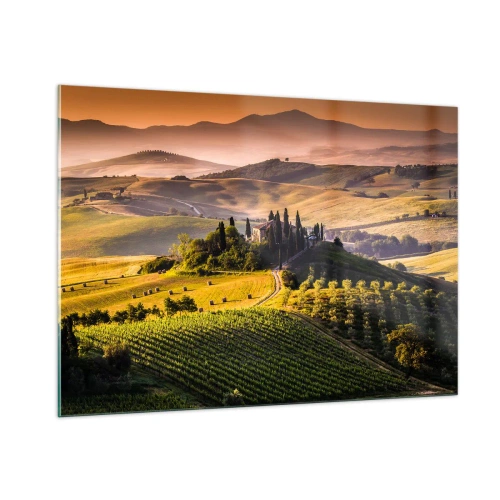 Cuadro sobre vidrio - Impresiones sobre Vidrio - Paisaje toscano al amanecer - 100x70cm - Paisaje toscano - Decoración de pared moderna para salón y dormitorio ARTTOR