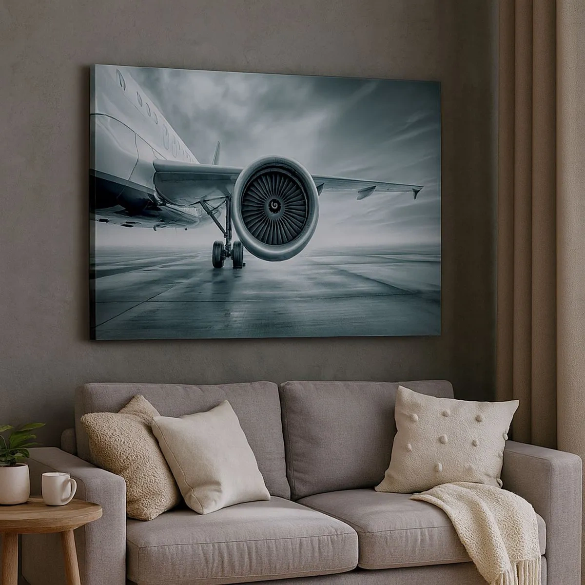 Cuadro sobre lienzo - Impresión de Imagen - El motor a reacción de un avión en la pista - 70x50cm - Hay poder - Decoración de pared moderna para salón y dormitorio ARTTOR