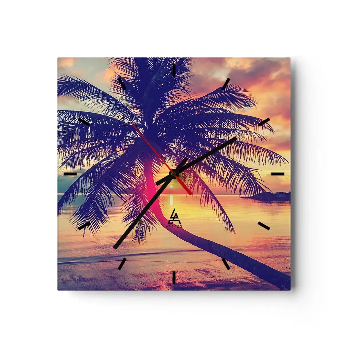 Reloj de pared - Reloj de vidrio - Puesta de sol con una palmera sobre una orilla tranquila - 30x30cm - Atardecer bajo las palmeras - Decoración de pared moderna para salón y dormitorio ARTTOR