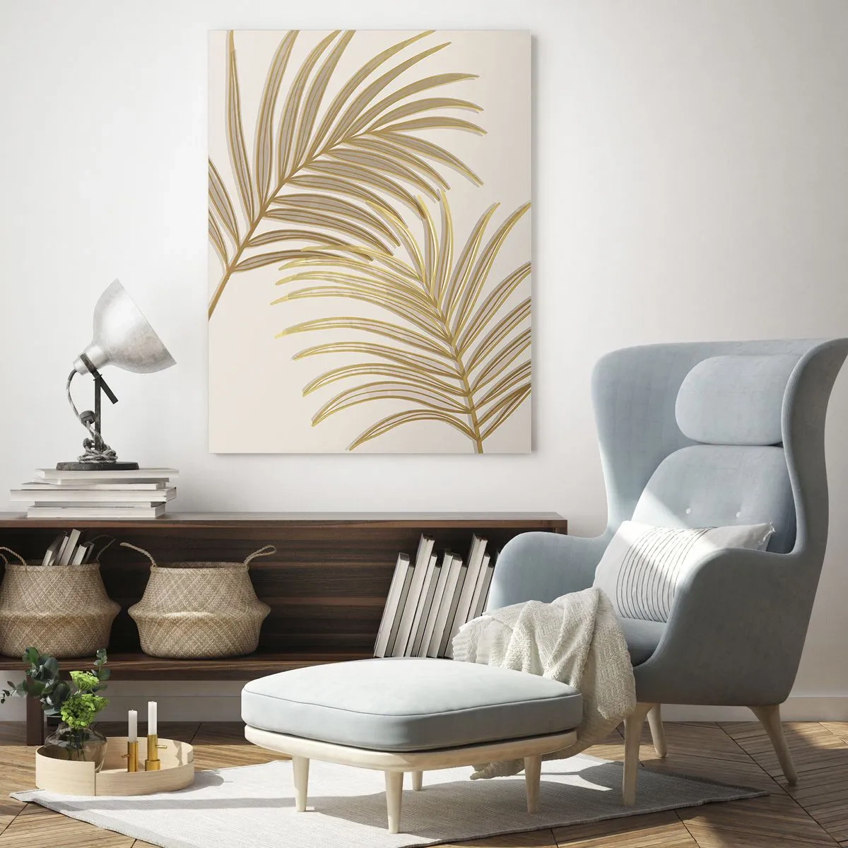 Cuadro sobre vidrio - Impresiones sobre Vidrio - Hojas de palma doradas sobre un fondo claro. - 50x70cm - Palma de Oro - Decoración de pared moderna para salón y dormitorio ARTTOR