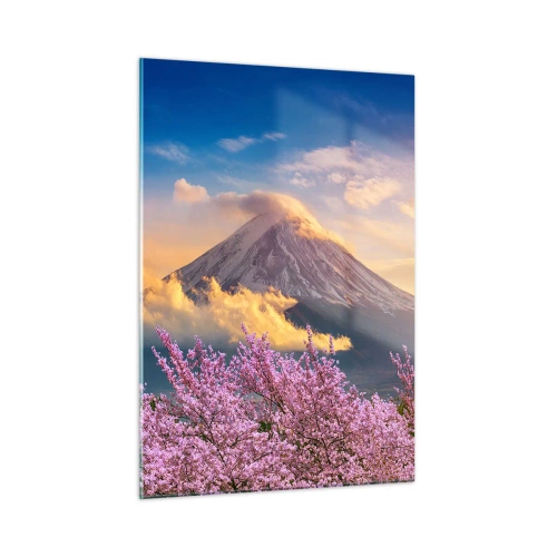Cuadro sobre vidrio - Impresiones sobre Vidrio - El monte Fuji al fondo con árboles de sakura en flor en primer plano - 50x70cm - La santidad japonesa - Decoración de pared moderna para salón y dormitorio ARTTOR