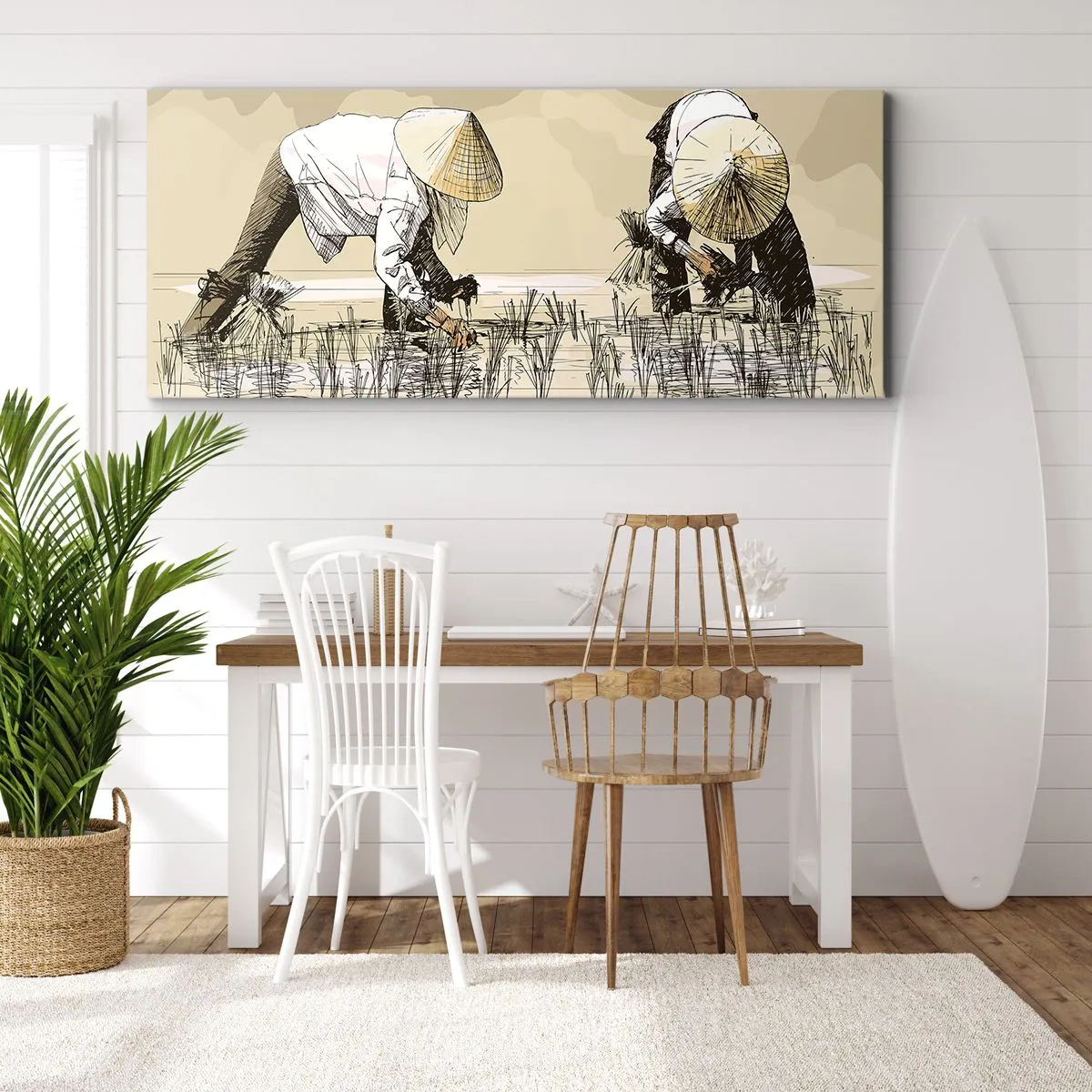 Cuadro sobre lienzo - Impresión de Imagen - Agricultores trabajando en un campo de arroz con sombreros tradicionales - 160x50cm - De una cosecha exitosa - Decoración de pared moderna para salón y dormitorio ARTTOR