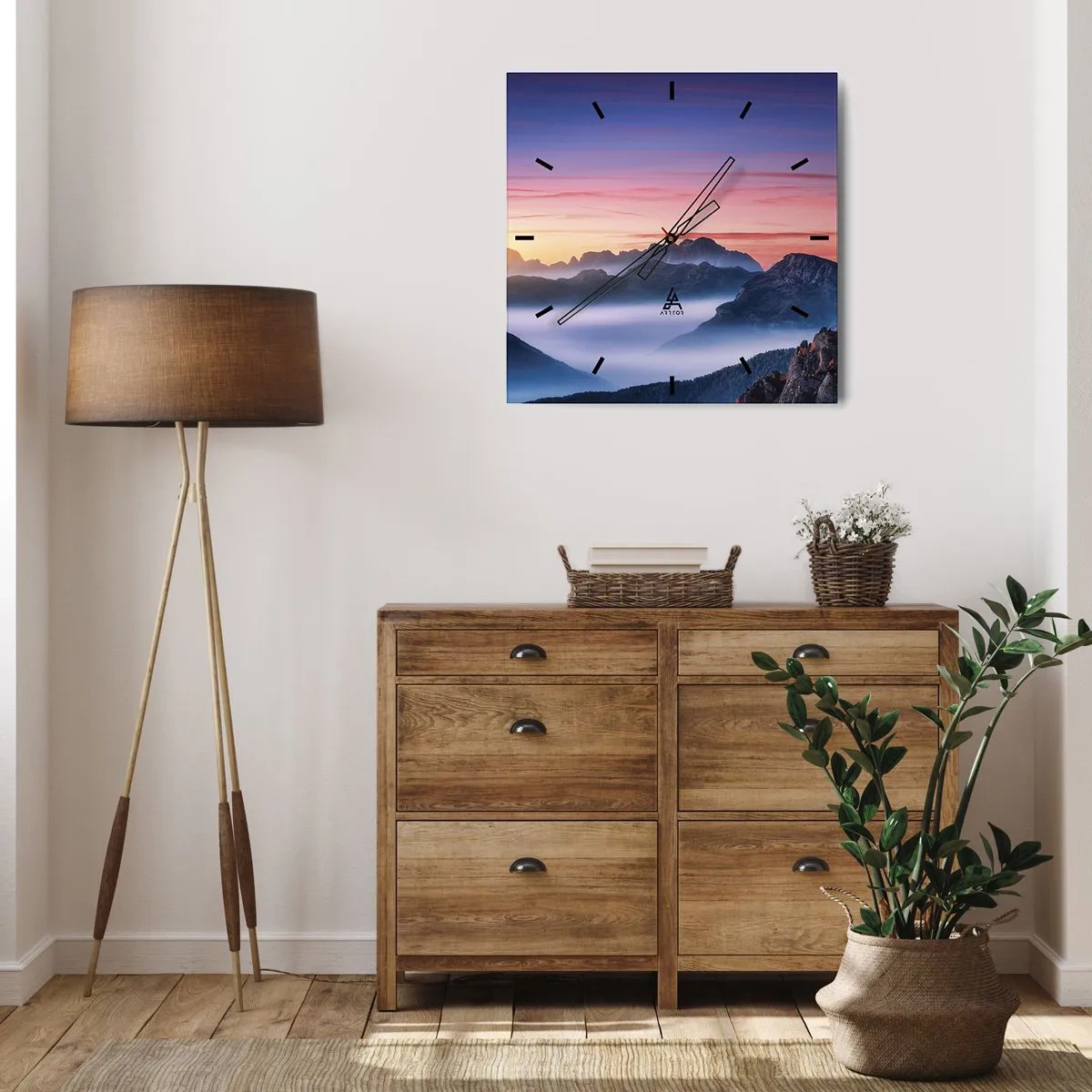 Reloj de pared - Reloj de vidrio - Paisaje de montaña al amanecer con niebla en los valles. - 30x30cm - Sobre los valles - Decoración de pared moderna para salón y dormitorio ARTTOR