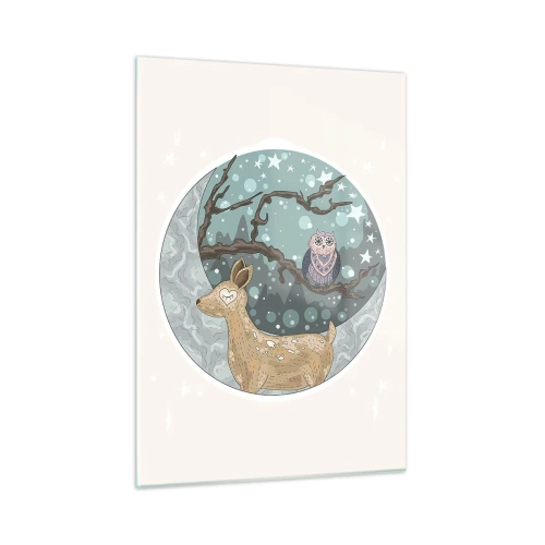 Cuadro sobre vidrio - Impresiones sobre Vidrio - Ilustración de un ciervo y un búho en un entorno mágico. - 50x70cm - Noche de bosque de cuento de hadas - Decoración de pared moderna para salón y dormitorio ARTTOR
