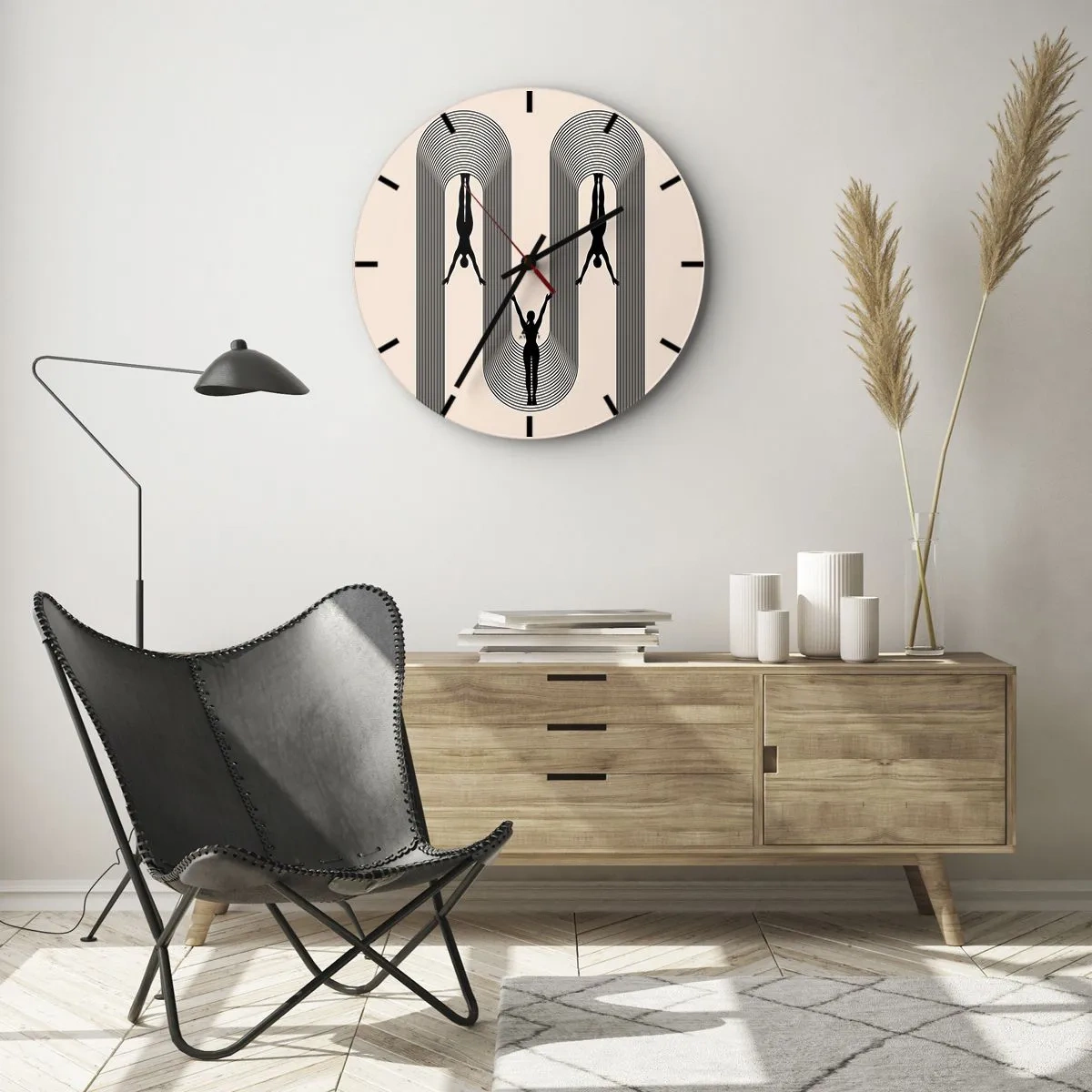 Reloj de pared - Reloj de vidrio - Siluetas negras de figuras en movimiento entre arcos geométricos - 30x30cm - Al revés, o no - Decoración de pared moderna para salón, cocina y dormitorio ARTTOR