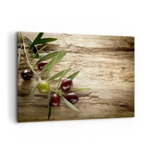 Cuadro sobre lienzo - Impresión de Imagen - Rama de olivo con fruta sobre un fondo de madera envejecida - 120x80cm - Directamente de la naturaleza - Decoración de pared moderna para salón y dormitorio ARTTOR