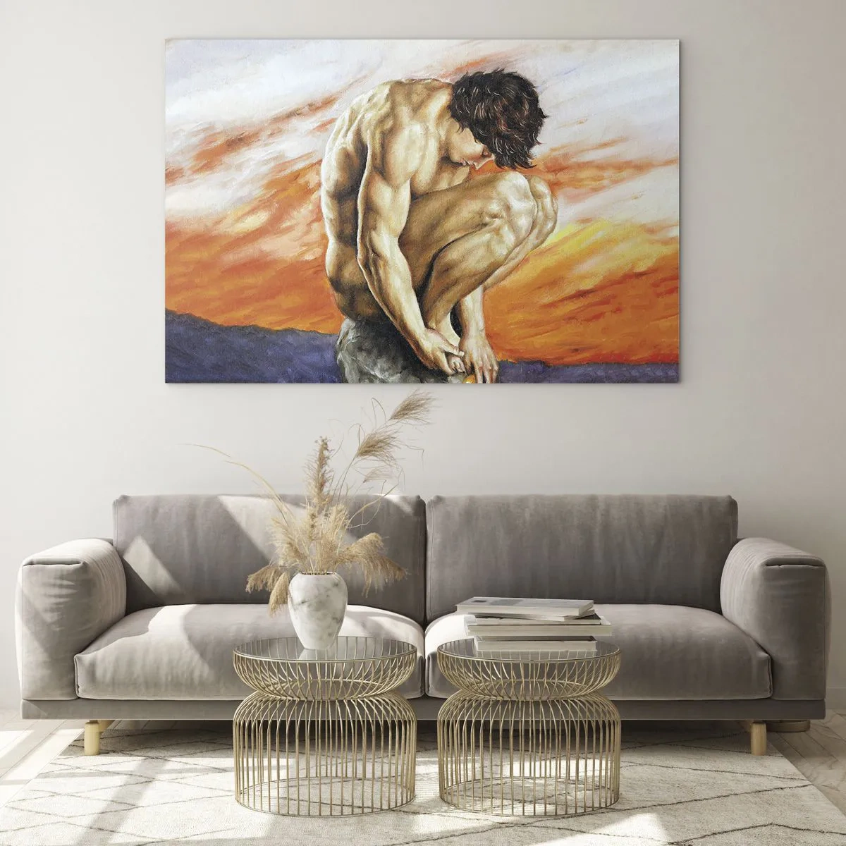Cuadro sobre vidrio - Impresiones sobre Vidrio - Un cuerpo humano desnudo contra un cielo naranja intenso. - 70x50cm - Sumergido en sí mismo - Decoración de pared moderna para salón y dormitorio ARTTOR