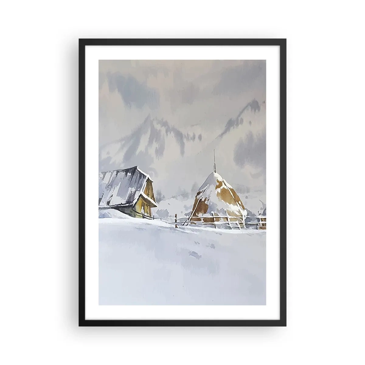 Póster en marco negro - Paisaje invernal con una cabaña y un pajar en las montañas - 50x70cm - En un valle nevado - Decoración de pared moderna para salón y dormitorio ARTTOR